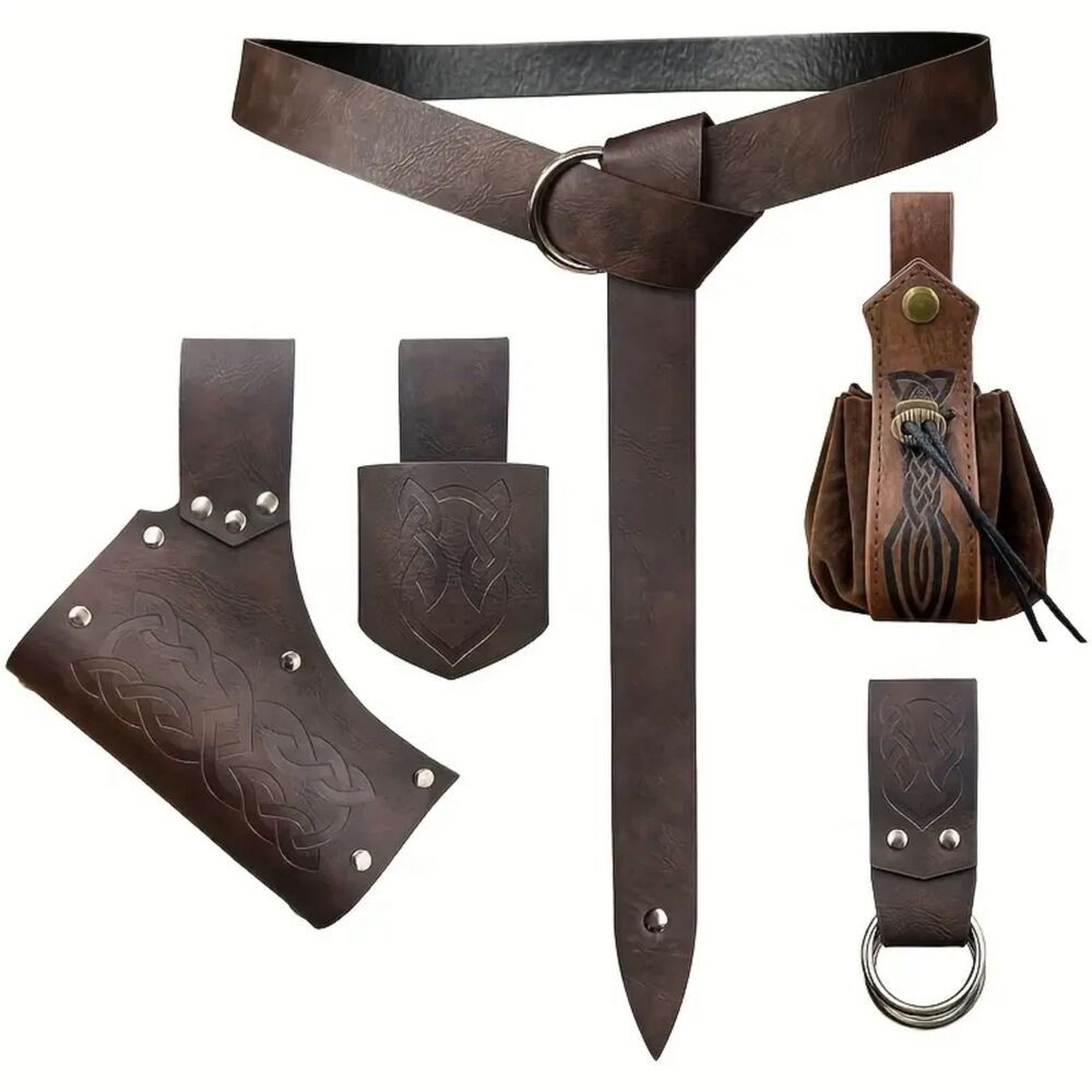 5Piece Embossed Brown PU Leather Skirt Hanger Pouch Belt Sword & Hatchet Holders